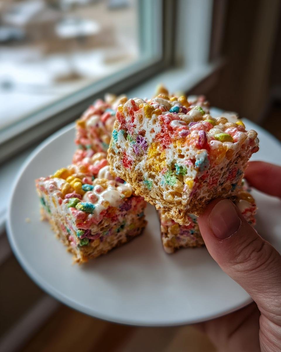 A hand holds up one square of colorful Funfetti Marshmallow Cereal Bars over a plate with more bars.