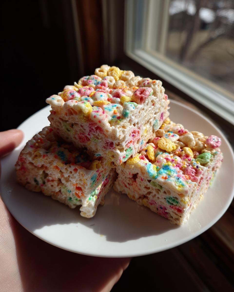 Three square Funfetti Marshmallow Cereal Bars stacked on a white plate, brightly lit by sunlight.