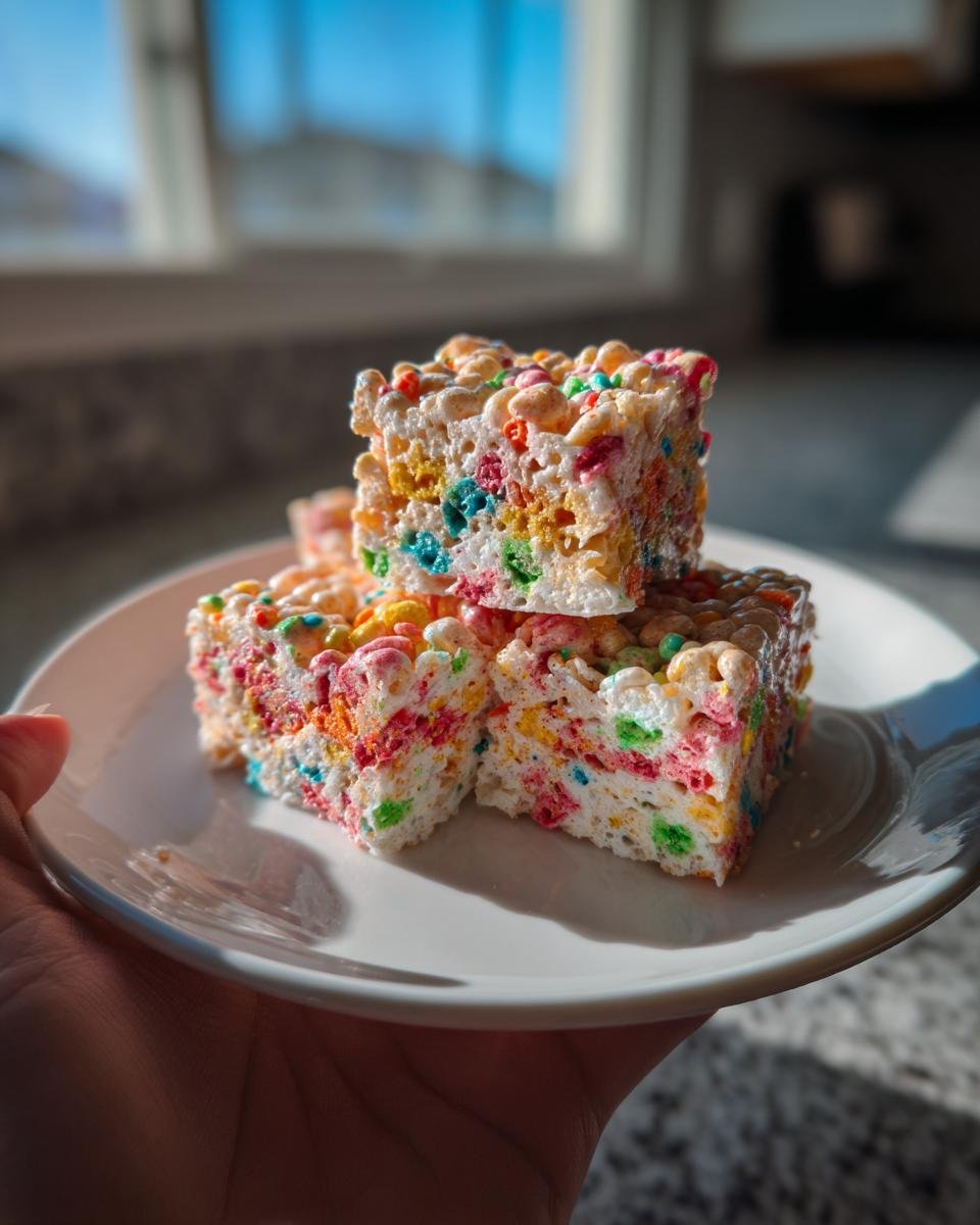 Three stacked squares of colorful Funfetti Marshmallow Cereal Bars held on a white plate in bright sunlight.