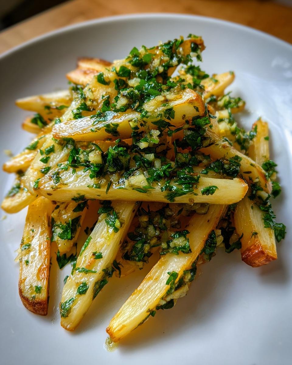 Close-up of roasted parsnips cut into thick sticks, generously topped with a vibrant garlic butter and fresh parsley mixture.