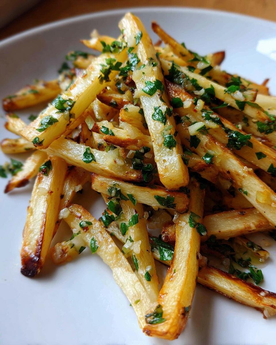 Close-up of golden roasted parsnips tossed in garlic butter and fresh chopped parsley.