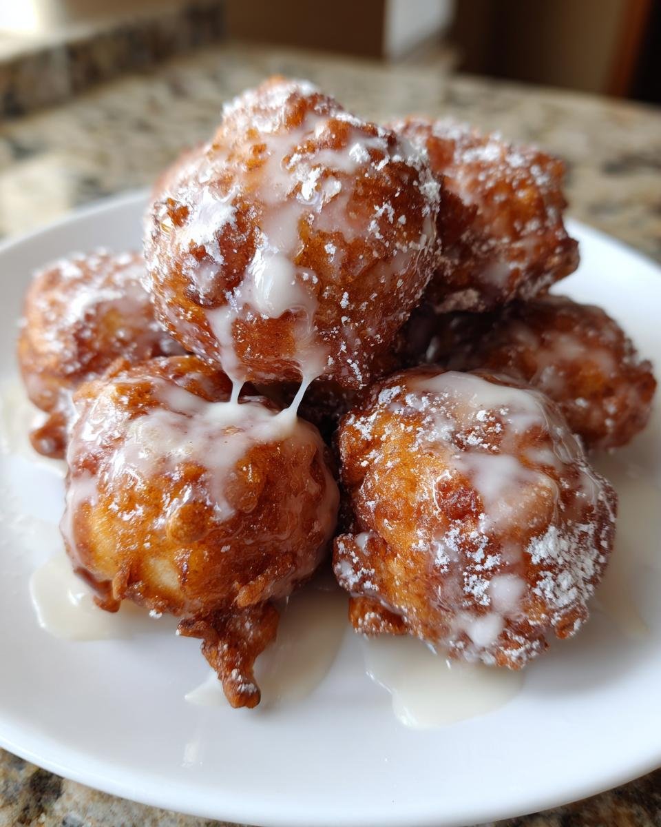 A close-up of several golden brown Apple Fritters drizzled with white glaze and powdered sugar on a white plate.
