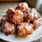A tempting pile of golden brown, freshly fried Apple Fritters drizzled generously with white glaze.