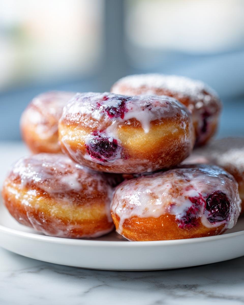 A close-up stack of freshly made, glazed Blueberry Donut Holes showing visible blueberry filling.