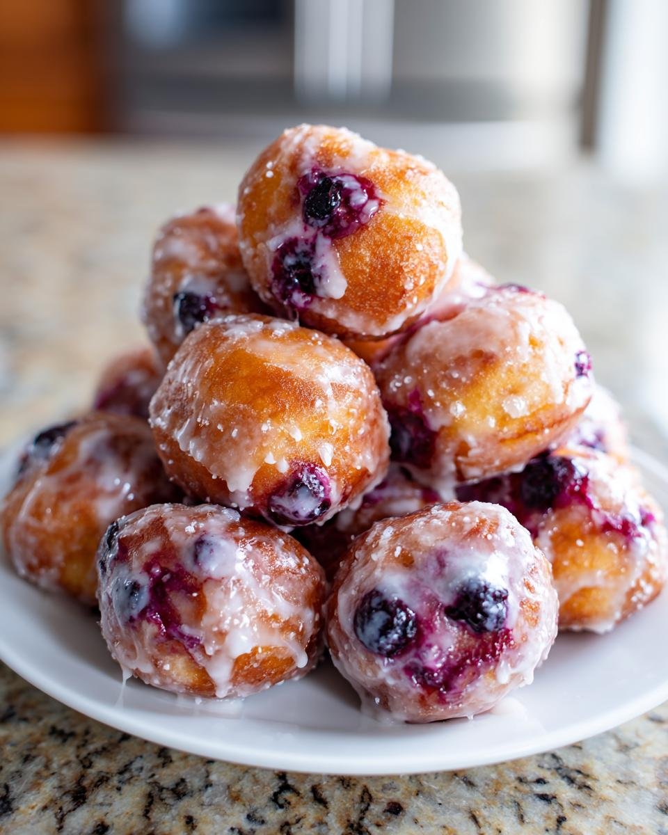 A close-up stack of freshly glazed Blueberry Donut Holes bursting with purple blueberry filling.