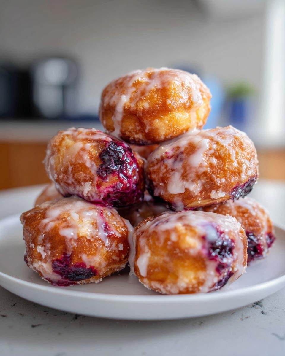 A close-up stack of golden-brown, glazed Blueberry Donut Holes showing visible bursts of purple blueberry filling.