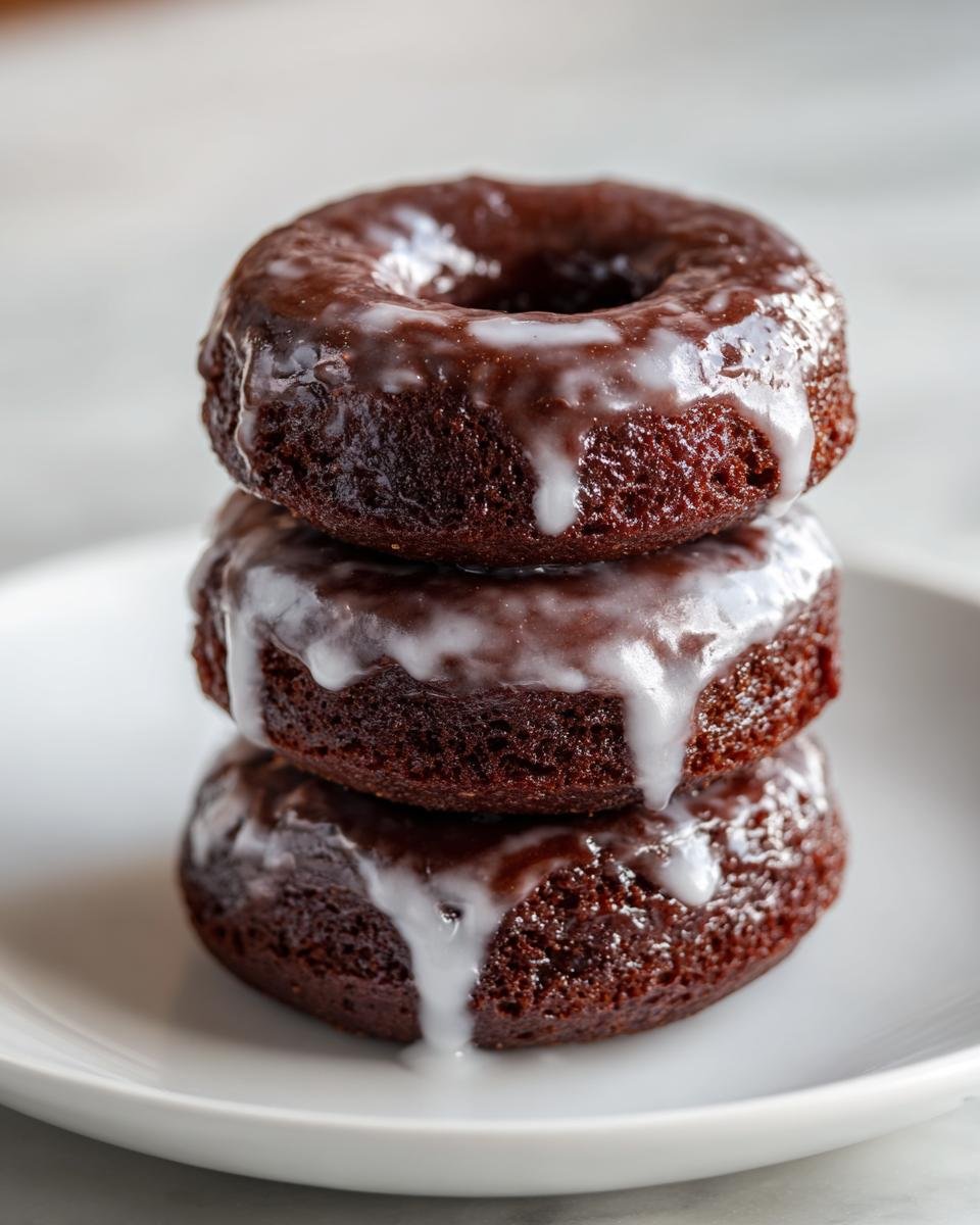 Three Glazed Chocolate Donuts stacked vertically on a white plate, dripping with vanilla glaze.