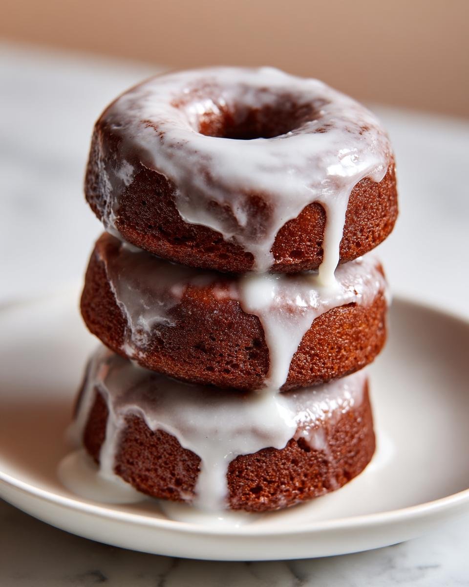 Three Glazed Chocolate Donuts stacked vertically on a white plate, dripping with white vanilla glaze.