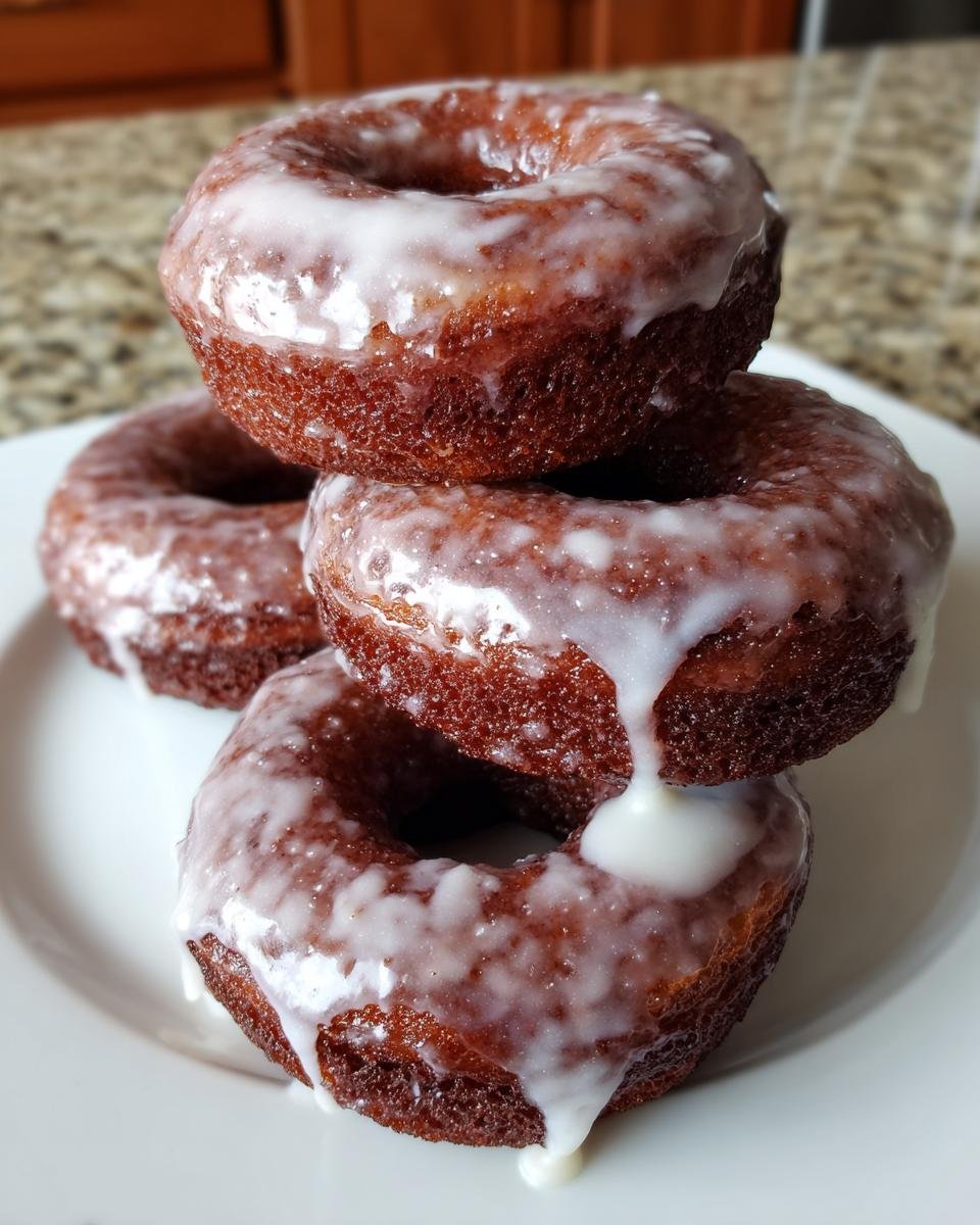A stack of four rich, dark Glazed Chocolate Donuts covered in thick, white vanilla icing dripping down the sides.