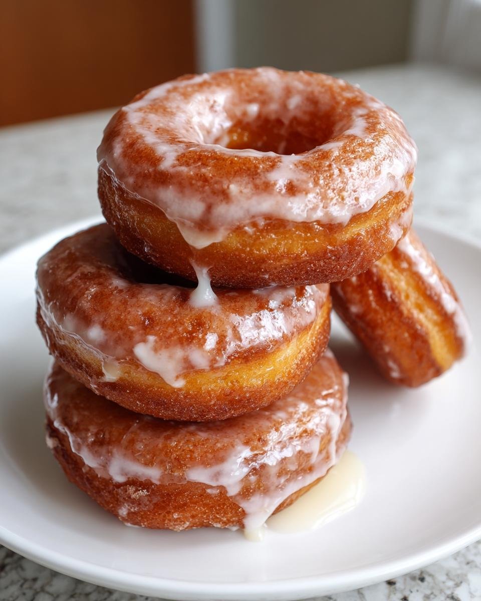 A stack of three golden-brown Glazed Chocolate Donuts covered in thick, dripping white glaze on a white plate.
