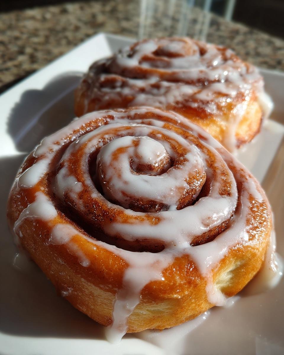 Two freshly glazed Cinnamon Roll Donuts sitting on a white plate in bright sunlight.
