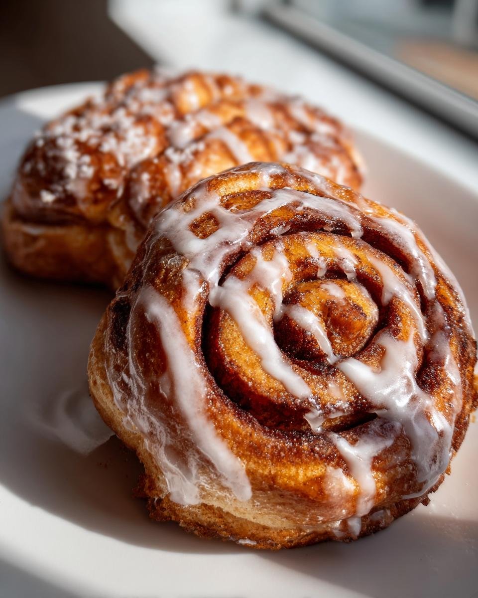 Two freshly baked Cinnamon Roll Donuts topped with white icing, sitting on a white plate.