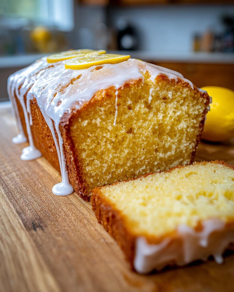 A moist Lemon Loaf Cake drizzled with white glaze and topped with lemon slices, with one slice cut next to it.