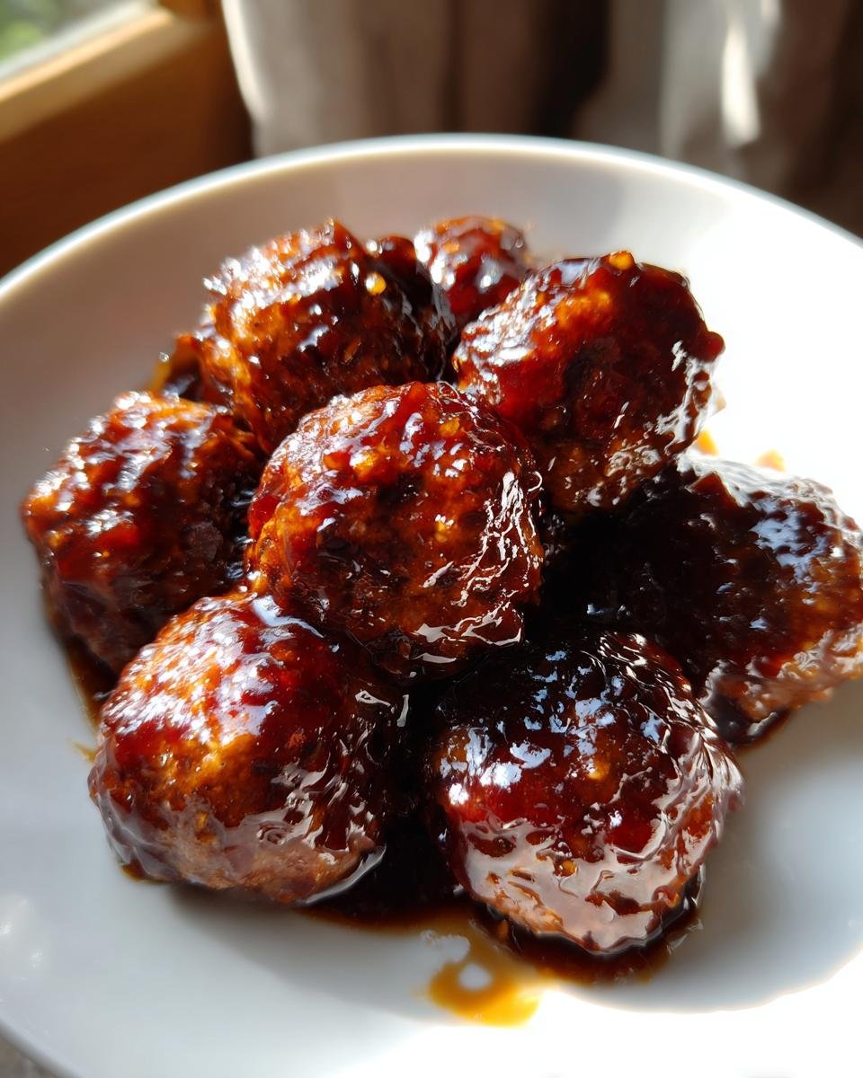 A close-up shot of several glossy Teriyaki Meatballs coated in a thick, dark brown glaze, served in a white bowl.