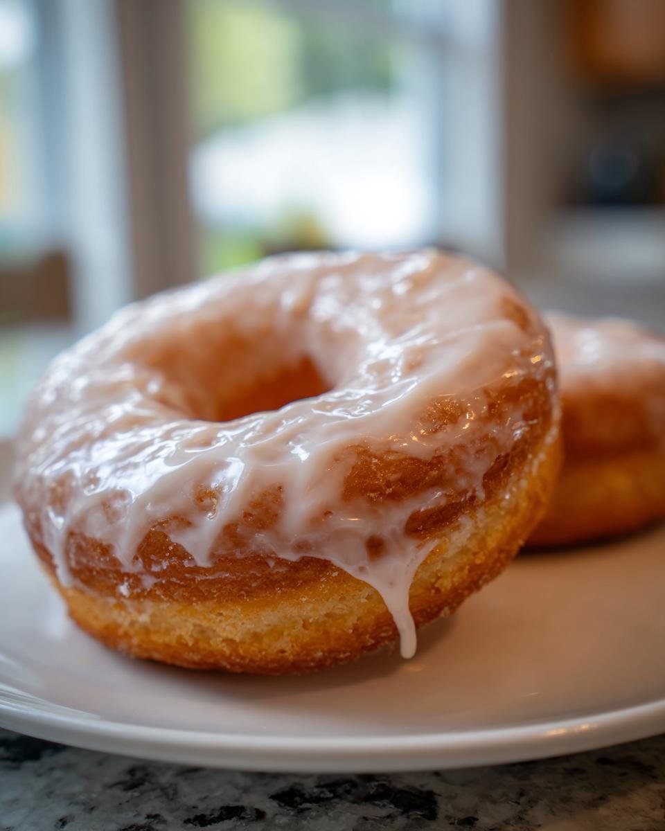 A close-up of a freshly glazed Vanilla Donut resting on a white plate.