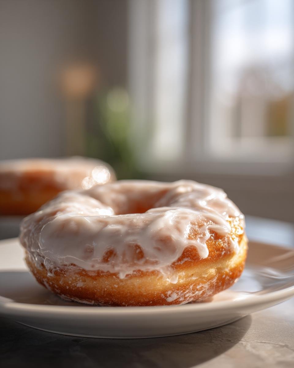 Close-up of a freshly made, glazed Vanilla Donut resting on a white plate with soft backlighting.