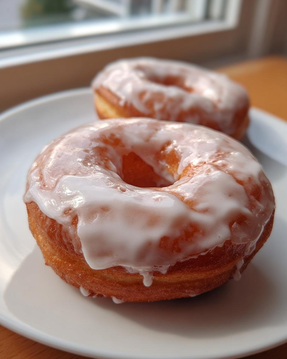 Two freshly glazed Vanilla Donuts sitting on a white plate near a window.