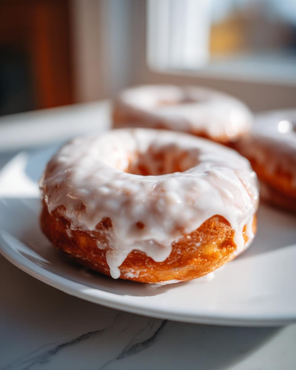 Close-up of a freshly glazed Vanilla Donut sitting on a white plate, glistening in natural light.