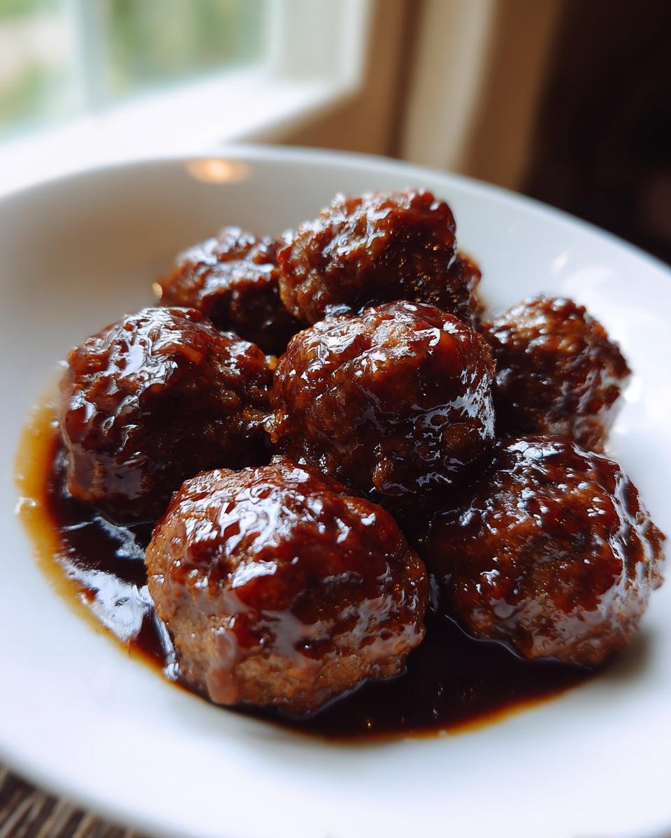 Close-up of several glistening Teriyaki Meatballs coated in a rich, dark brown glaze, served in a white bowl.