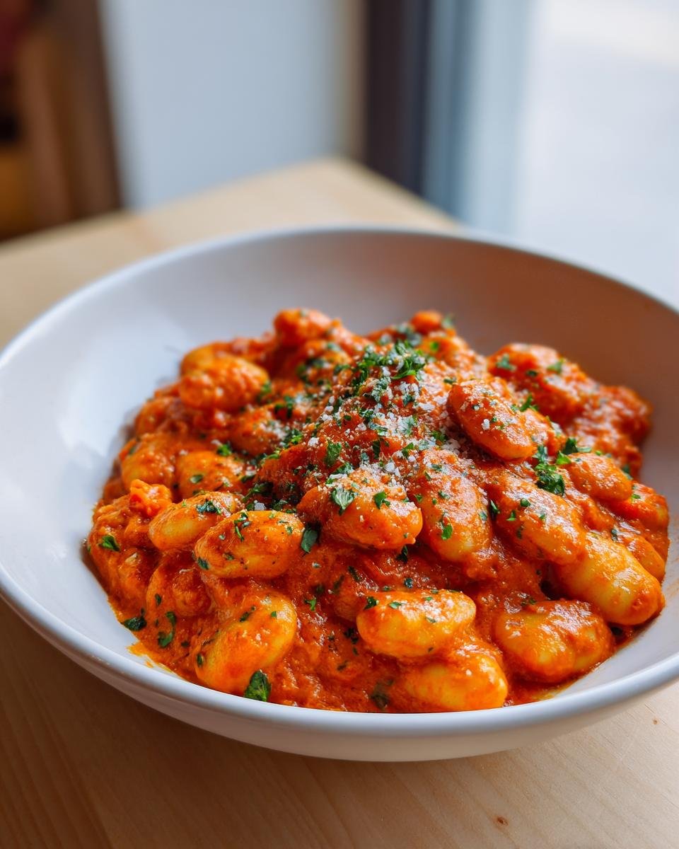 Close-up of gnocchi coated in a rich, creamy tomato sauce, topped with parsley and grated cheese.