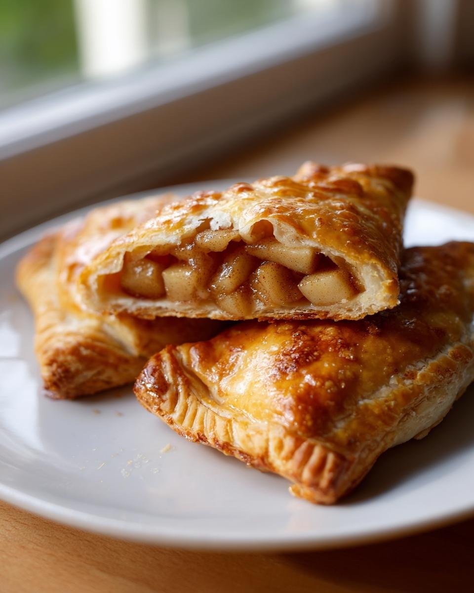 Two golden-brown Apple Turnovers on a white plate, one cut open to show chunky cinnamon apple filling.