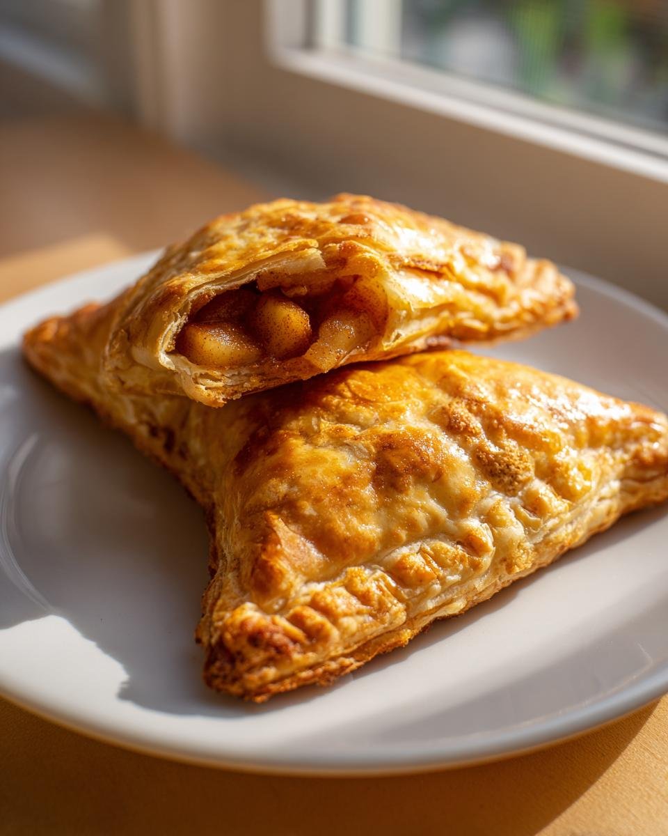 Two golden, flaky Apple Turnovers stacked on a white plate, one cut open showing the spiced apple filling.