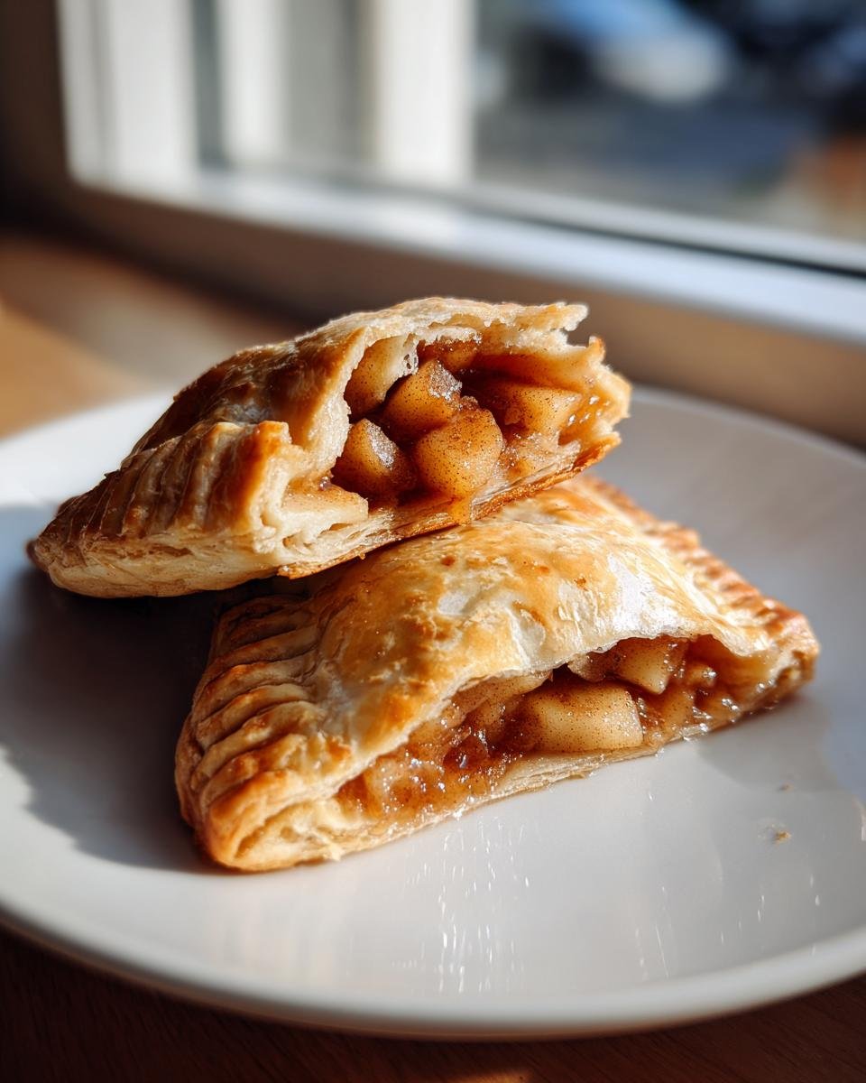 Two golden baked Apple Turnovers, one cut open to show the spiced apple filling inside, resting on a white plate.