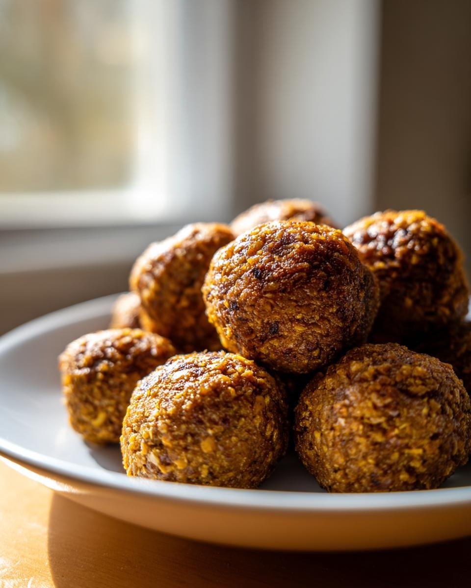 Close-up of a stack of perfectly browned Veggie Meatballs on a white plate, ready to serve.