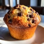 A close-up, appetizing photo of a perfectly baked Chocolate Chip Muffins with a golden-brown top studded with melted chips.