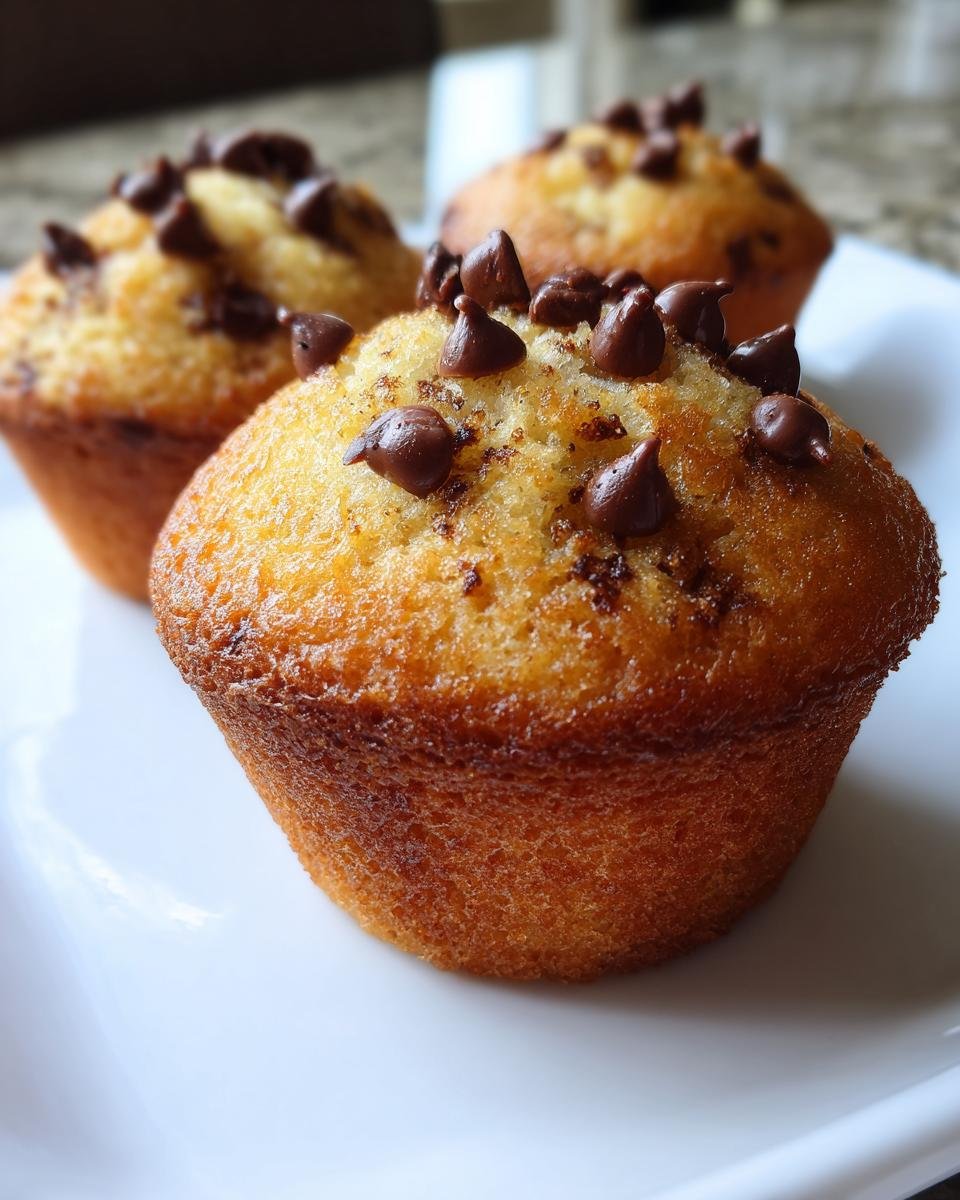 Close-up of three golden-brown Chocolate Chip Muffins topped with melted chocolate chips on a white plate.