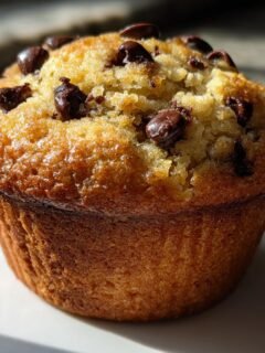 Close-up of a perfectly baked, golden brown Chocolate Chip Muffins with visible chocolate chips on top.
