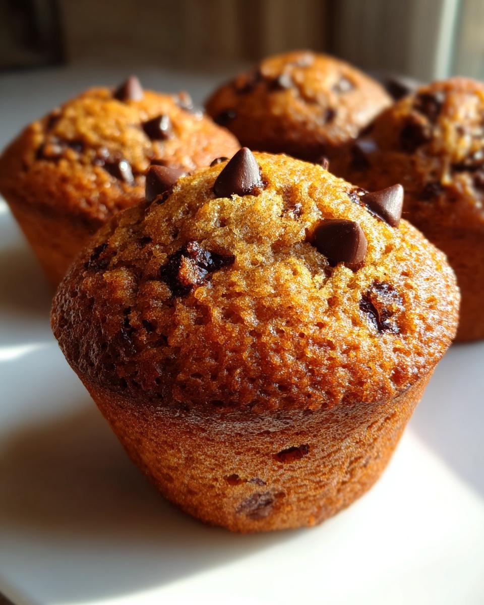 A close-up of a freshly baked, golden brown Chocolate Chip Muffin topped with visible chocolate chips.