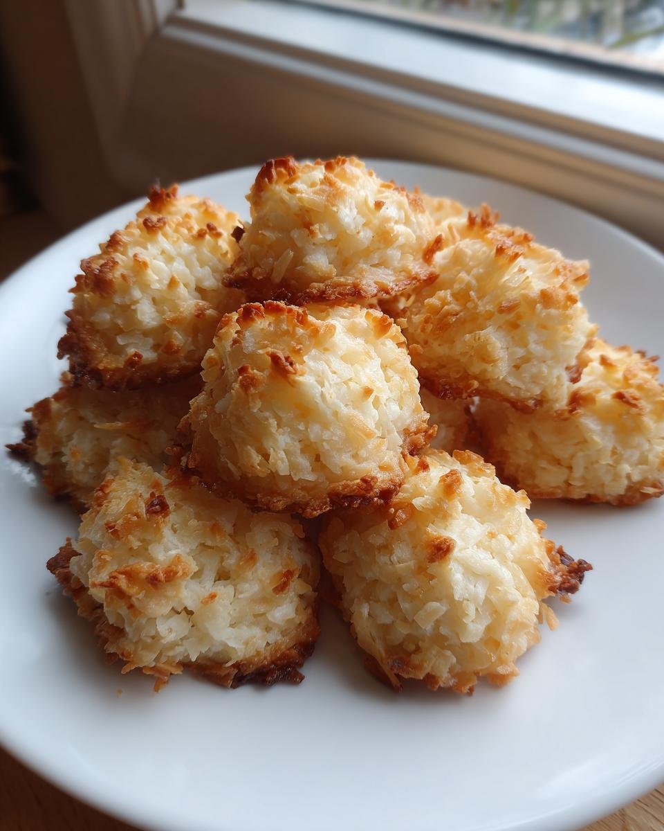 A pile of freshly baked, golden brown Coconut Macaroons resting on a white plate near a window.