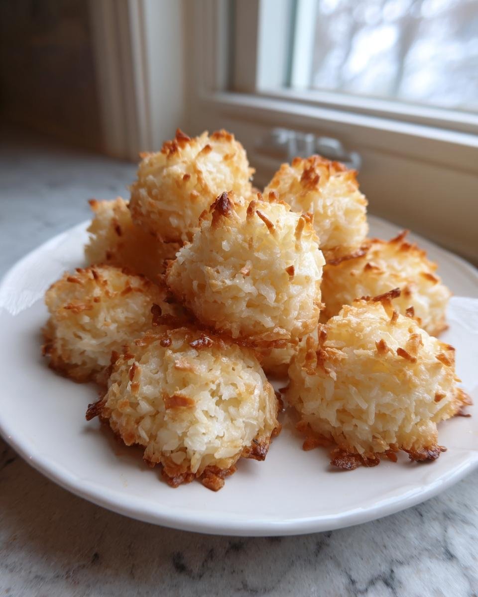 A pile of freshly baked, golden brown Coconut Macaroons resting on a white plate near a window.