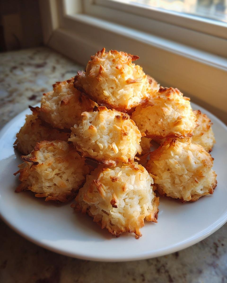 A small pile of freshly baked, golden brown Coconut Macaroons stacked on a white plate near a window.
