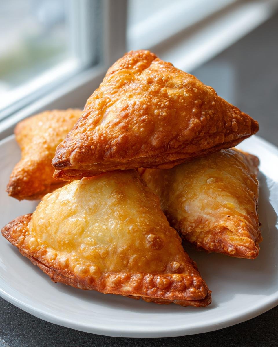 A stack of four perfectly golden, crispy fried Homemade Samosas resting on a white plate.