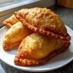 Close-up of three golden-brown, crispy Homemade Samosas stacked on a white plate, freshly fried.