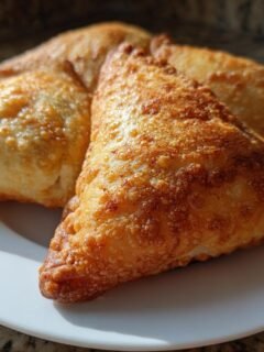 Close-up of three golden brown, crispy Homemade Samosas stacked on a white plate.