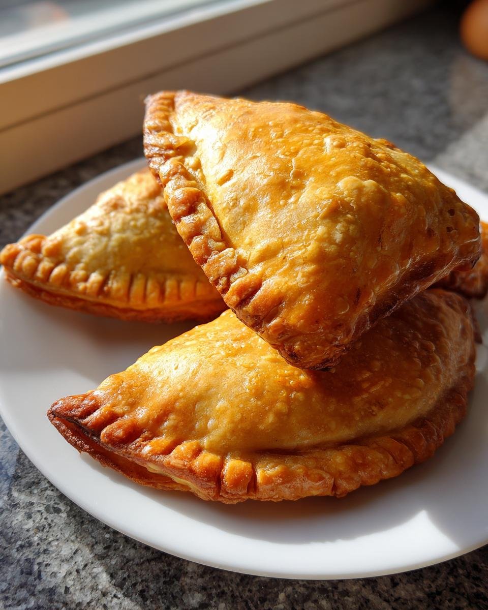 Close-up of three golden brown, freshly fried Homemade Samosas stacked on a white plate.