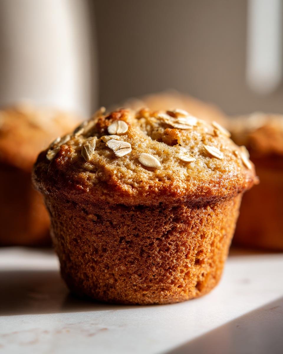 Close-up of a perfectly baked Oatmeal Muffin with a golden crust and visible rolled oats sprinkled on top.