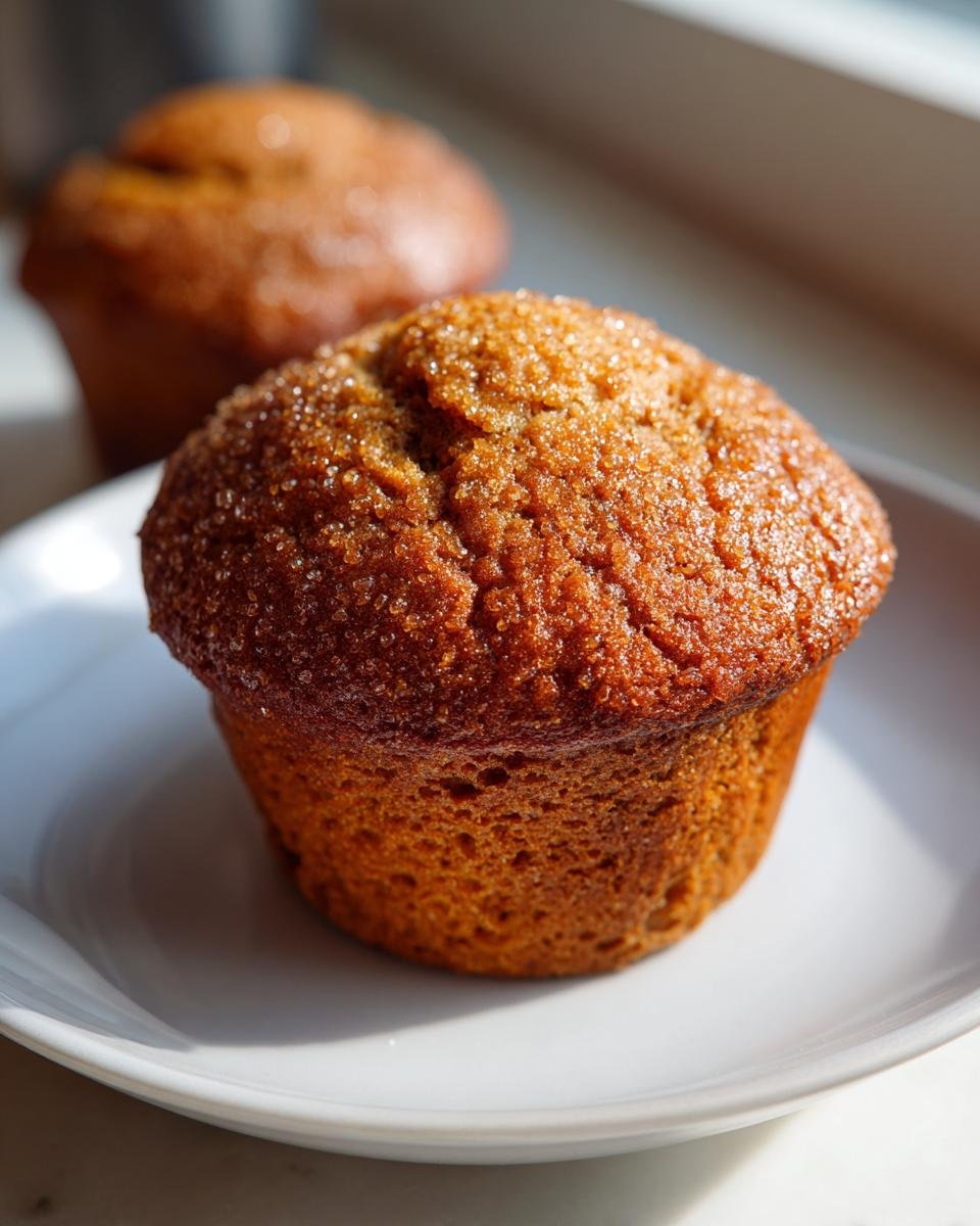 A close-up of a golden brown Peanut Butter Muffin topped with sparkling coarse sugar, sitting on a white plate.