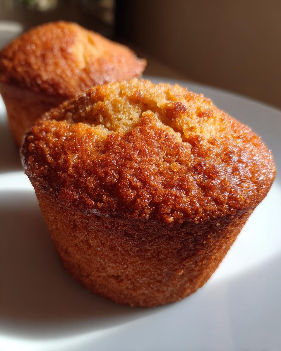 Close-up of two golden brown Peanut Butter Muffins sitting on a white plate in natural light.
