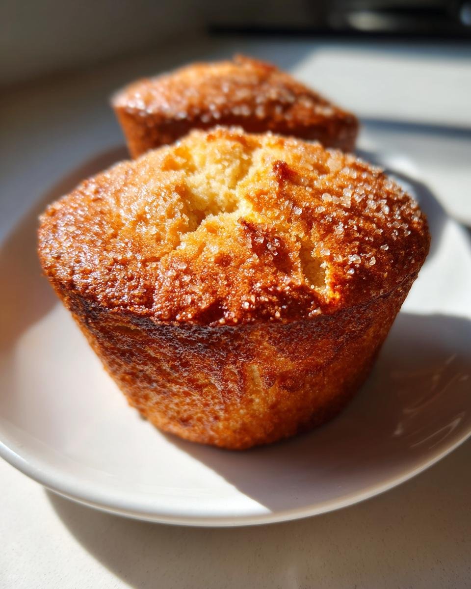 Close-up of a golden brown Peanut Butter Muffin topped with coarse sugar crystals, sitting on a white plate.