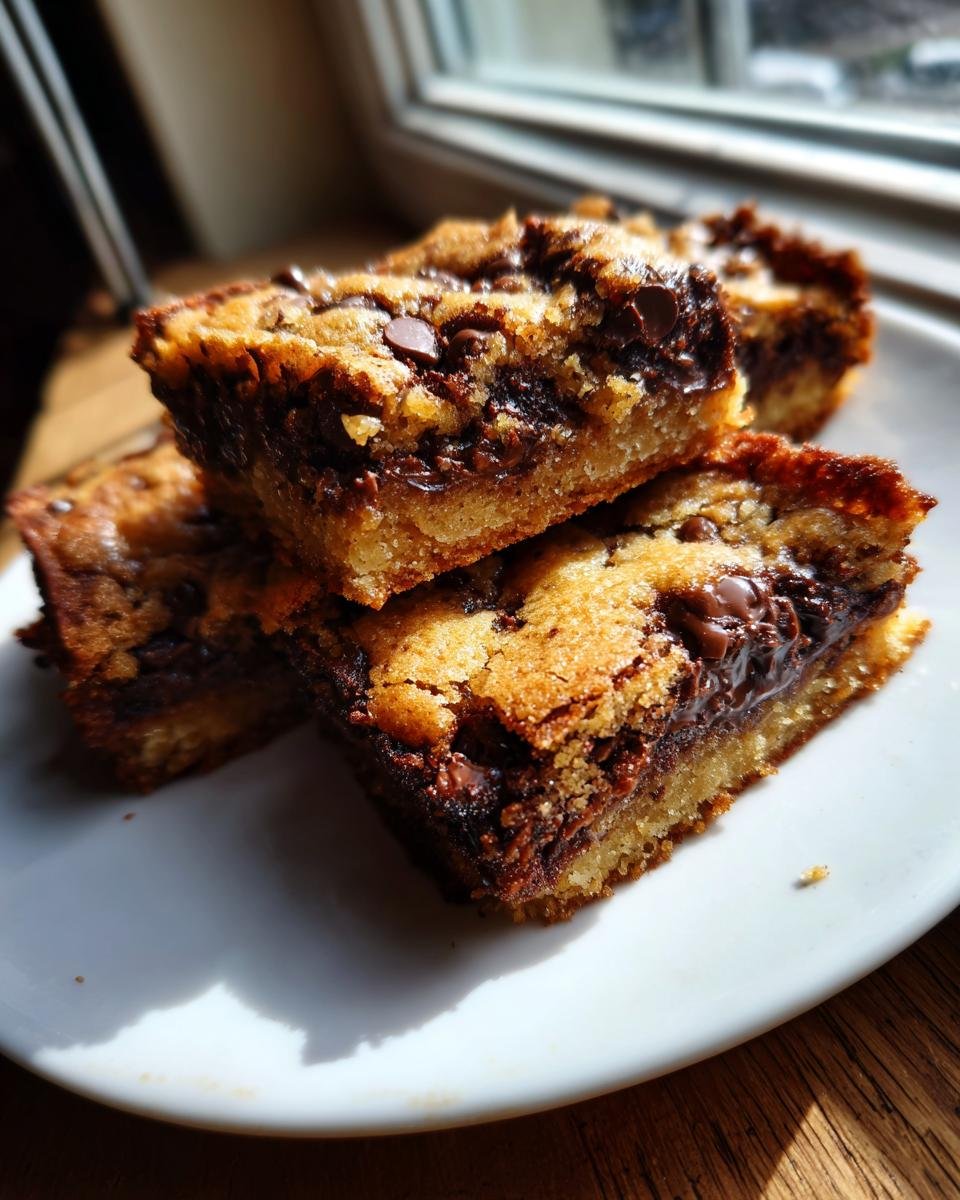 A stack of three rich, gooey Chocolate Chip Cake Bars with melted chocolate chips on a white plate.