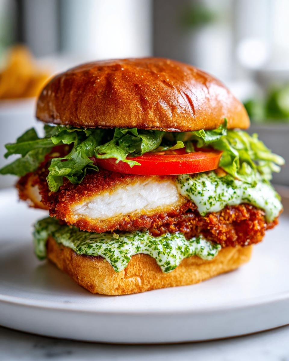A close-up of the Green Goddess Crispy Chicken Sandwich featuring a thick, crispy chicken fillet smothered in green sauce.