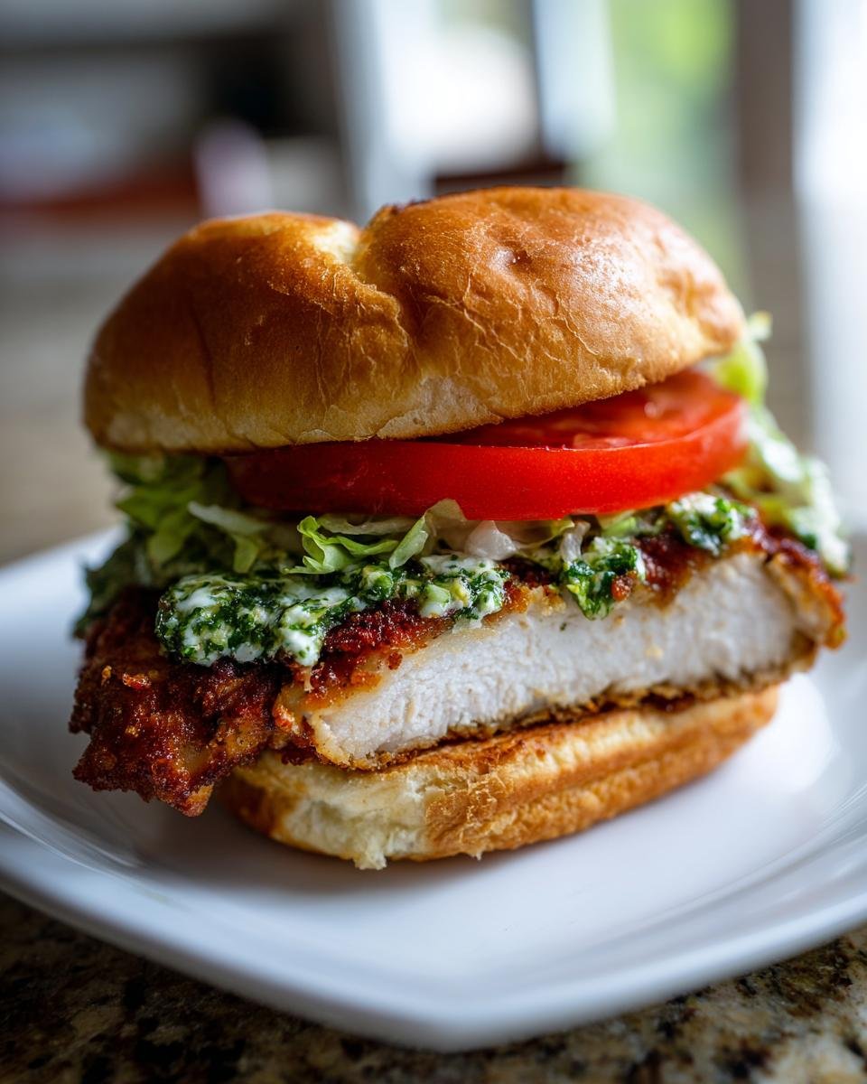 A cross-section view of a Green Goddess Crispy Chicken Sandwich showing the thick fried chicken, green sauce, lettuce, and tomato on a brioche bun.