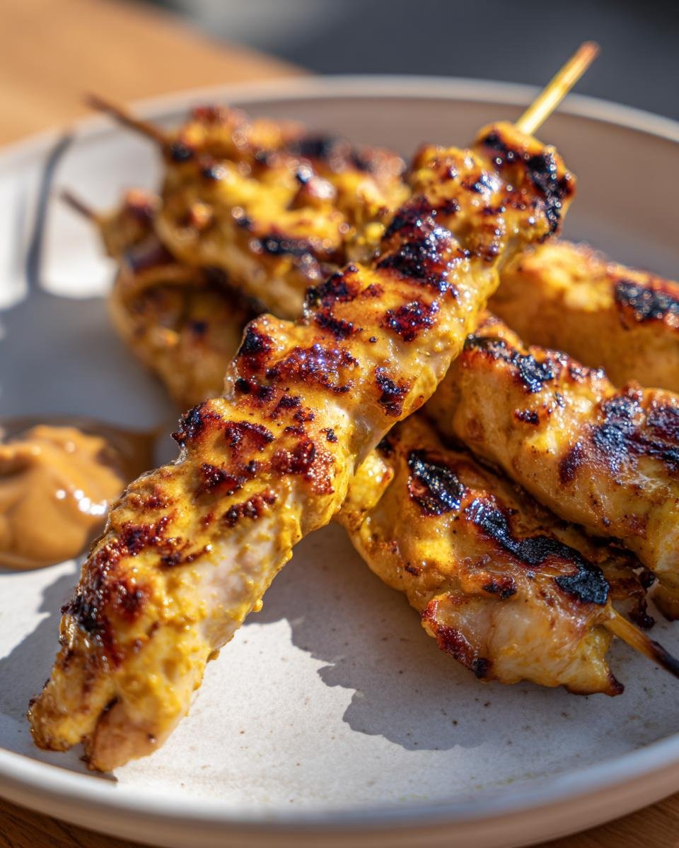 Close-up of perfectly grilled, golden-yellow Chicken Satay skewers resting on a light plate next to a dollop of peanut sauce.