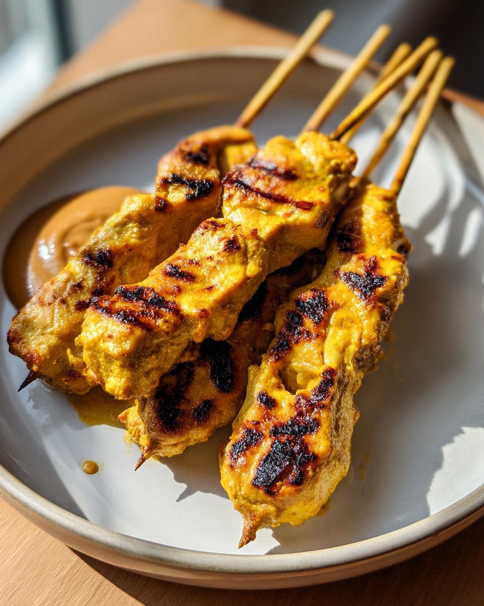 Four skewers of golden, grilled Chicken Satay with visible char marks, served next to peanut sauce.