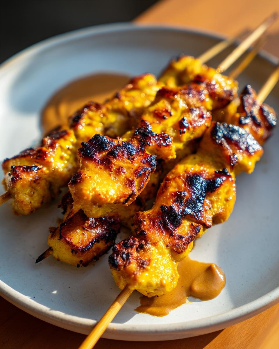 Close-up of three skewers of golden, charred Chicken Satay served on a light plate with a drizzle of peanut sauce.