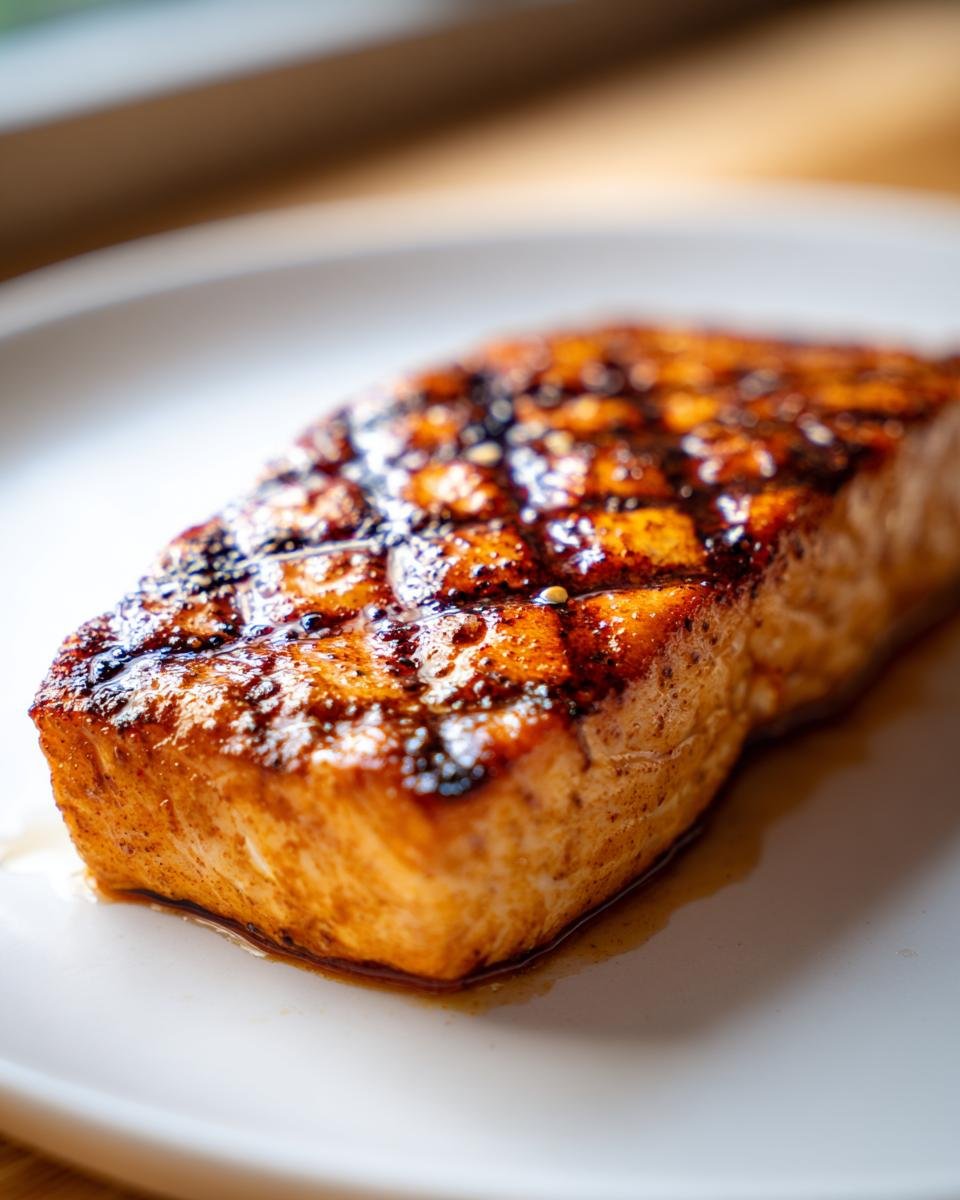 Close-up of a thick, glazed, and perfectly grilled Mahi Mahi fillet showing distinct grill marks on a white plate.